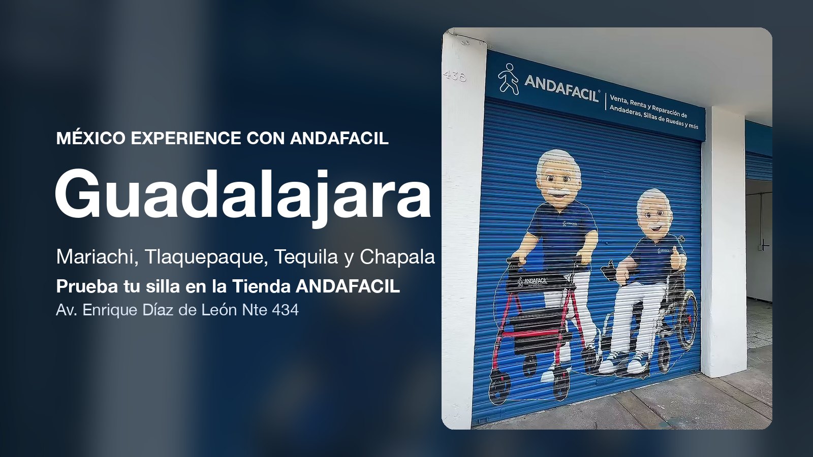 Fachada de la Tienda ANDAFACIL Guadalajara con su cortina azul pintada, en Av. Enrique Díaz de León