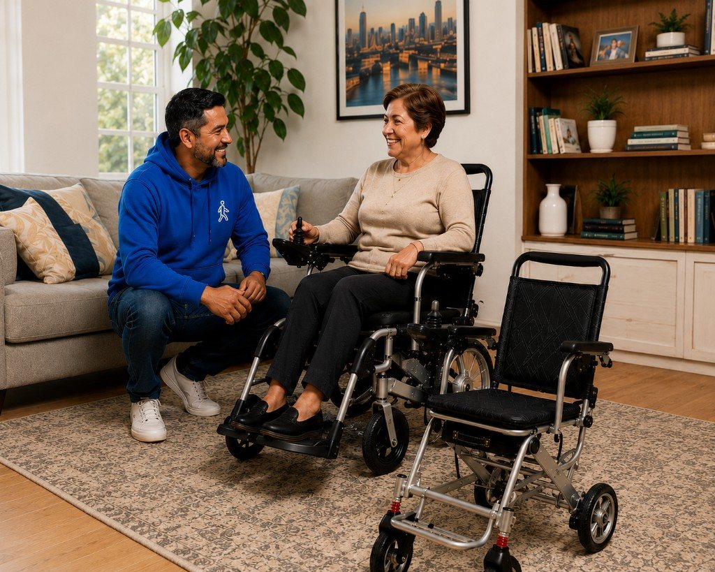 Asesora ANDAFACIL y adulta mayor prueban una silla de ruedas eléctrica en la sala de su casa
