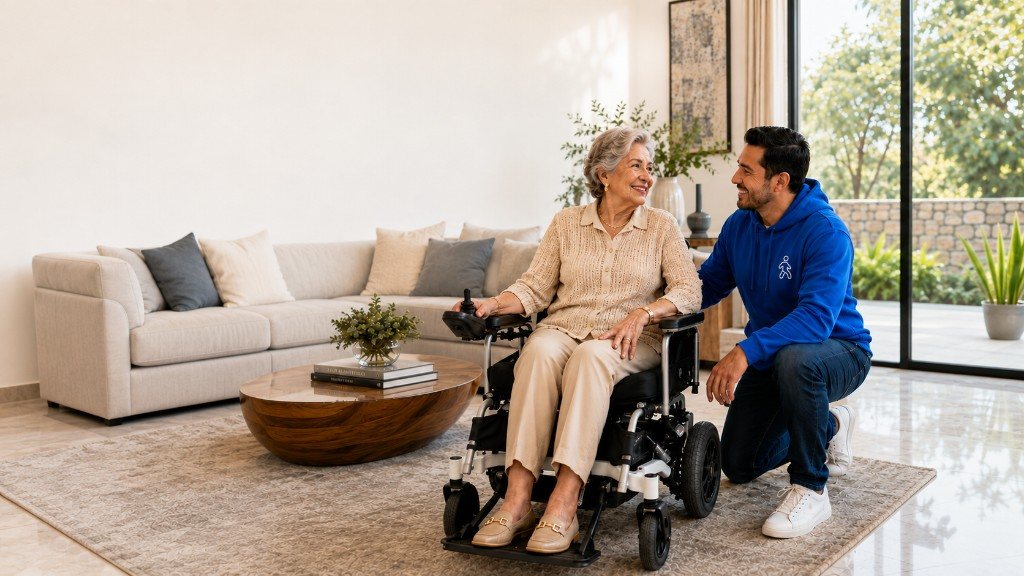 Asesor ANDAFACIL en visita a domicilio con una adulta mayor en silla de ruedas eléctrica en su sala